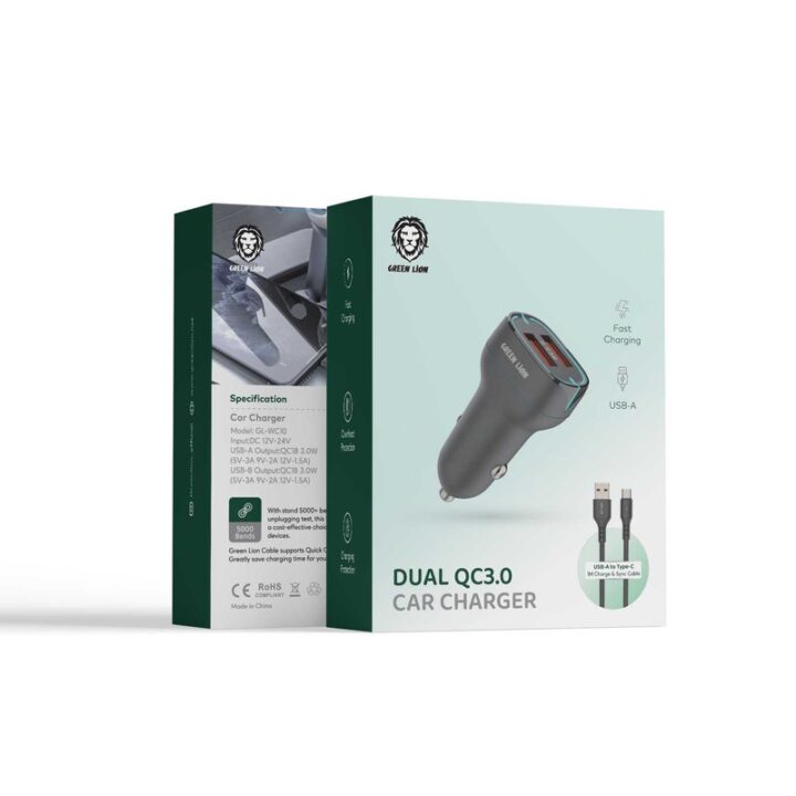 شارژر فندکی 18وات گرین لاین مدل (DUAL QC3.0 Car Charger (18W به همراه کابل لایتنینگ