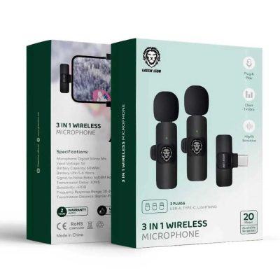 میکروفن بی سیم یقه ای گرین لاین مدل wireless 3 in 1 تایپ سی و لایتنینگمیکروفن بی سیم یقه ای گرین لاین مدل wireless 3 in 1 تایپ سی و لایتنینگ