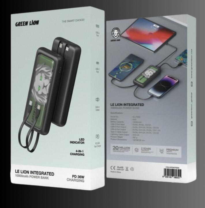 پاوربانک گرین لاین مدل POWERBANK 10K INTEGRATED 36W GREEN LION