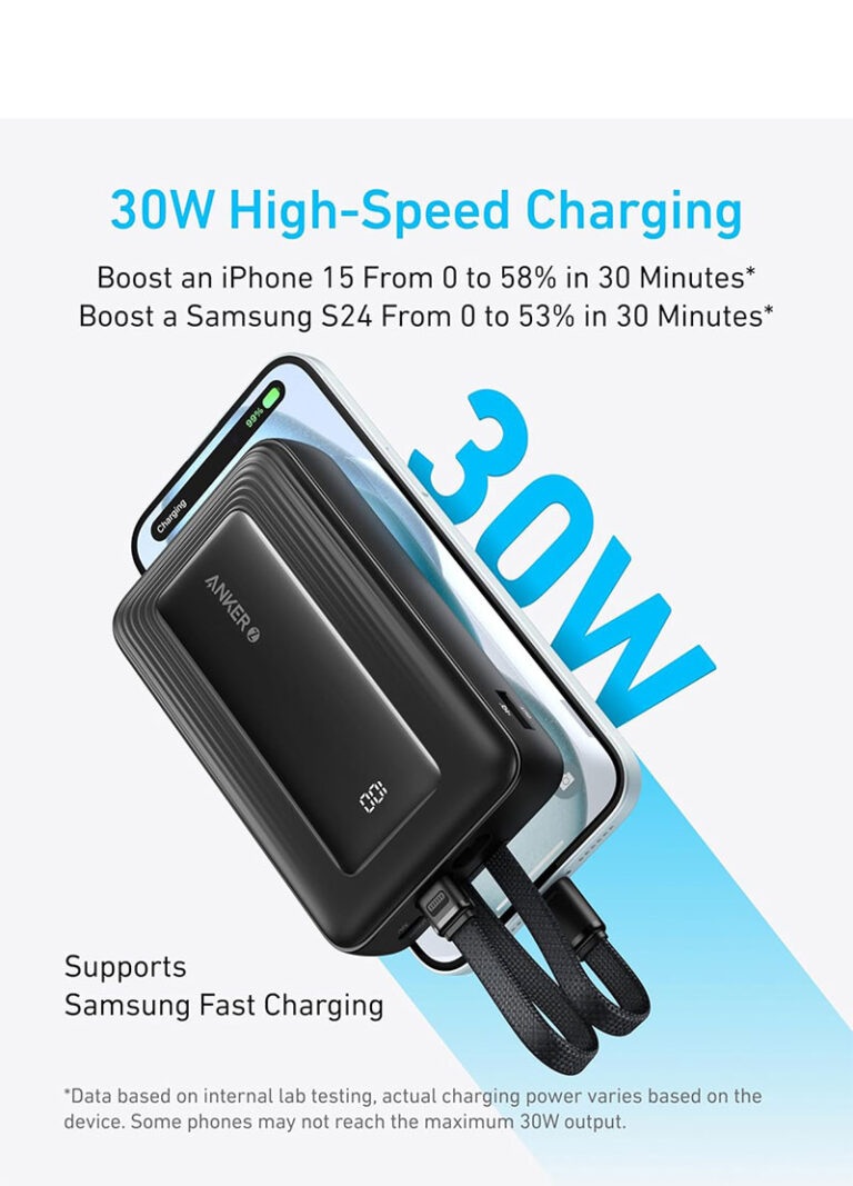 پاوربانک ۳۰ واتی انکر با ظرفیت ۲۰۰۰۰ میلی آمپر Anker Zolo Power Bank Built-in USB-C and Lightning Cable مدل A1681