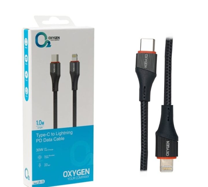 کابل شارژ و دیتا – تایپ سی به لایتنینگ 30 وات – OXYGEN LX-15