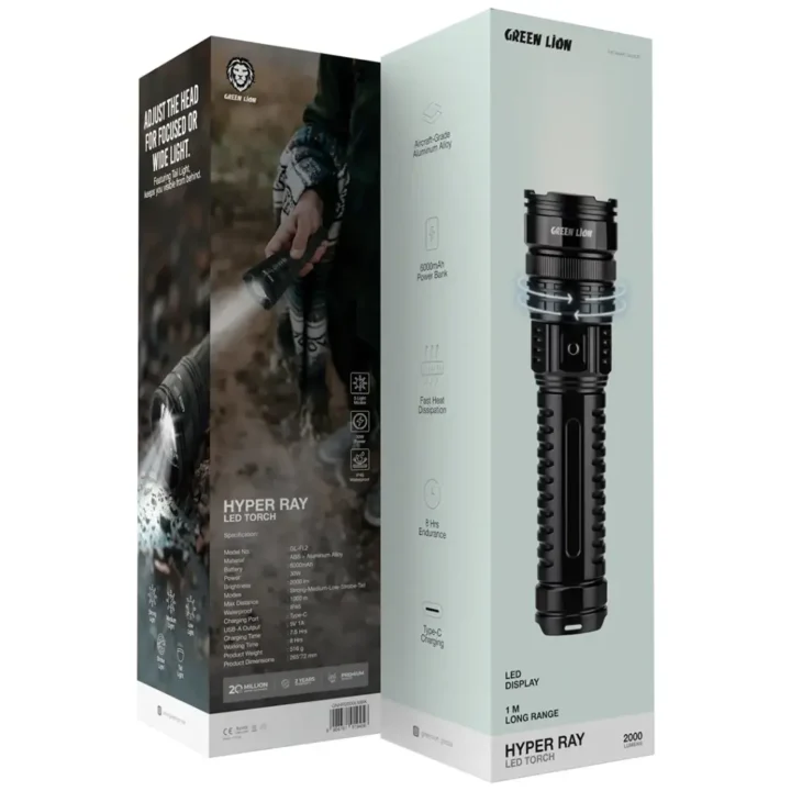 چراغ قوه گرین لاین مدل Hyper Ray GNHR2000LMBK با شدت نور ۲۰۰۰ لومن و برد ۱۰۰۰ متر